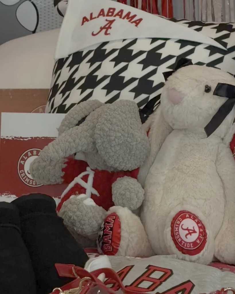 Alabama bed party details: houndstooth pillow, felt Alabama pennant and Crimson Tide plush elephant and bunny