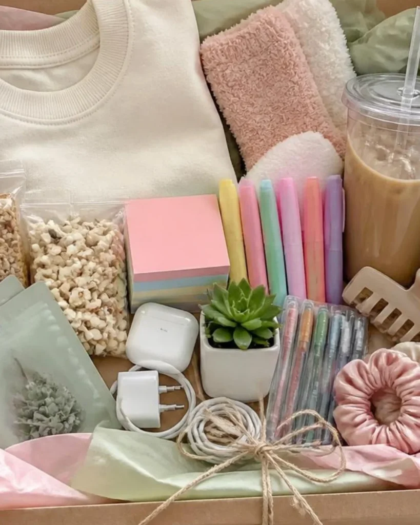 College care package for finals week with a cozy sweatshirt, fuzzy socks, iced coffee, highlighters, sticky notes, snacks and scrunchies