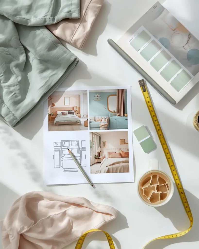 Dorm design session flat lay with fabric swatches, a mood board, a floor plan sketch and a tape measure