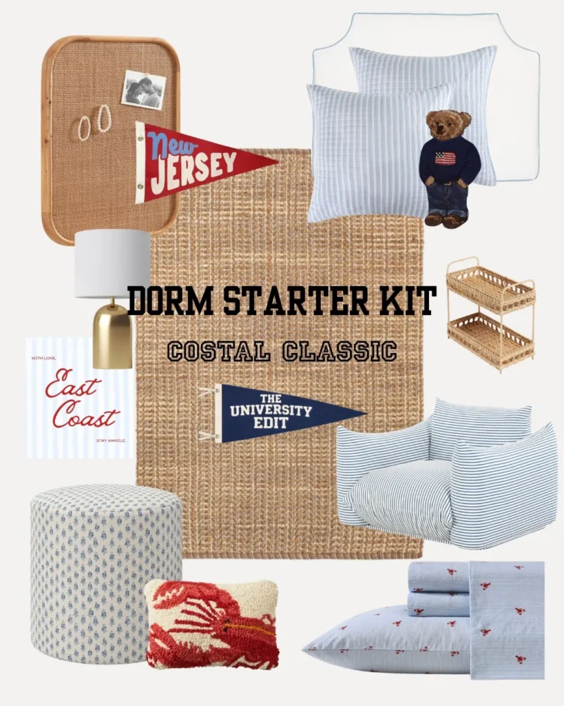 Dorm Starter Kit: Coastal Classic mood board with rattan, striped bedding and lobster pillow