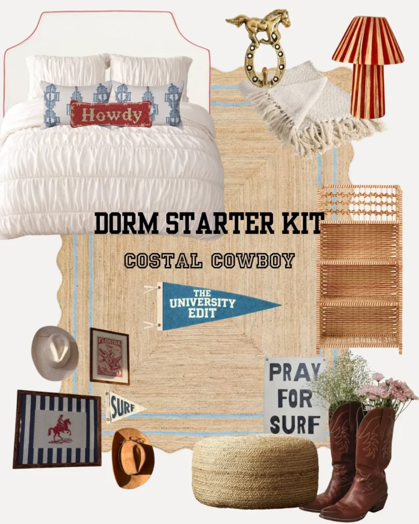 Dorm Starter Kit: Coastal Cowboy mood board with Howdy pillow, cowboy boots and jute rug
