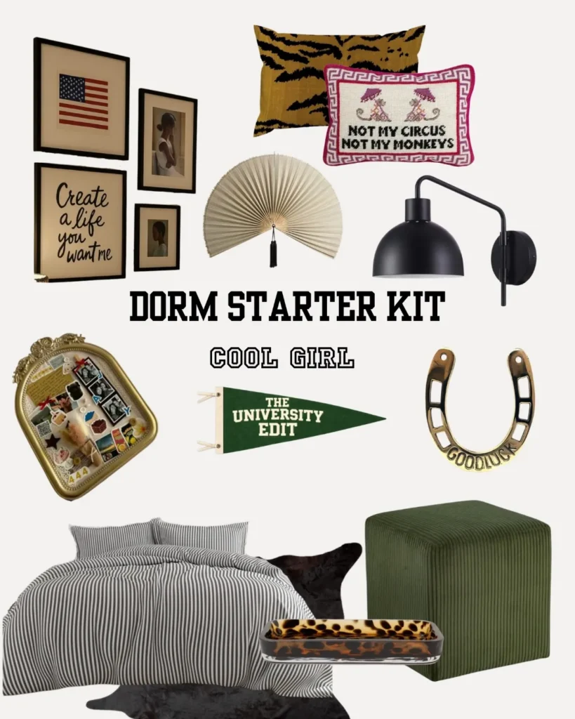 Dorm Starter Kit: Cool Girl mood board with tiger pillow, gallery frames and green velvet ottoman