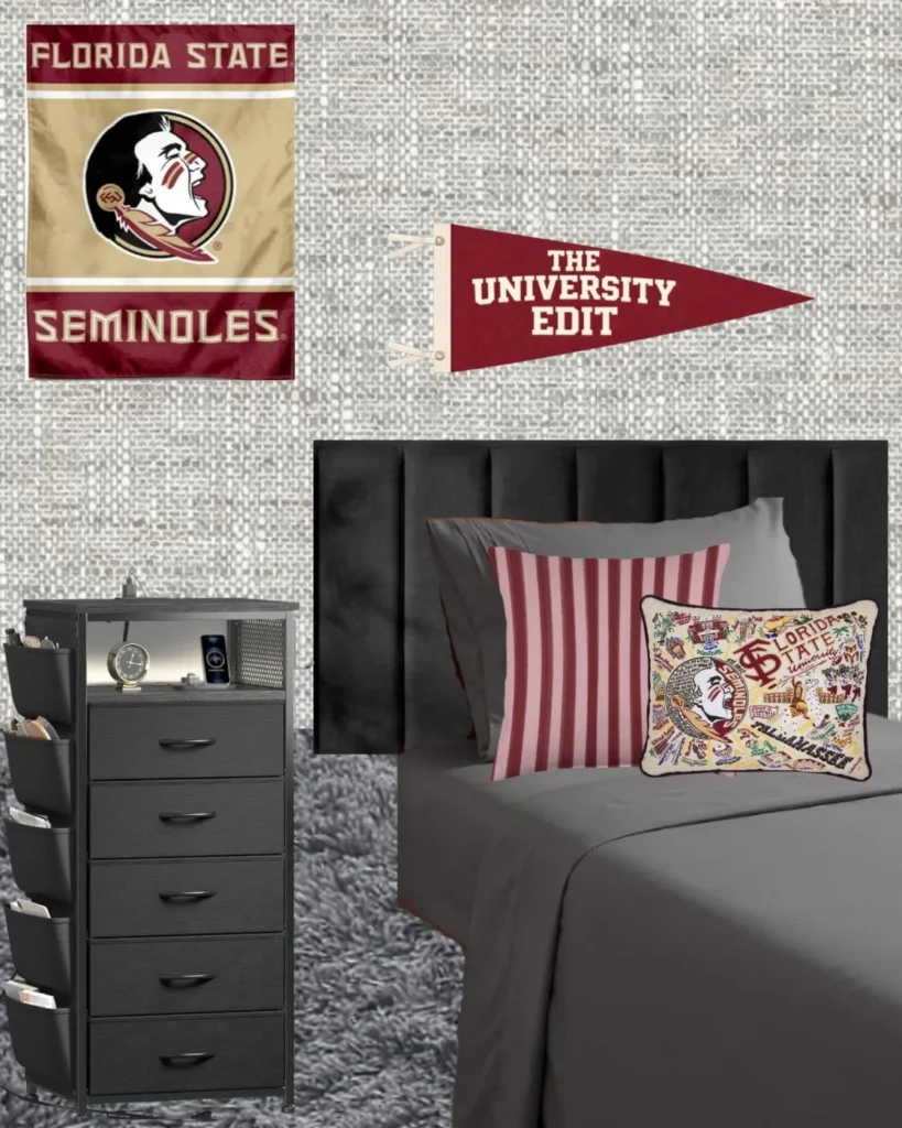 Florida State dorm room mood board with Seminoles banner, striped pillows and a University Edit pennant