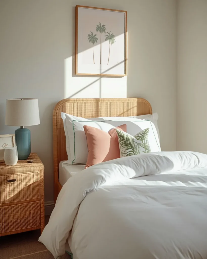 Palm Beach style pastel dorm room with rattan headboard, white bedding, pink and palm-print pillows and palm tree art
