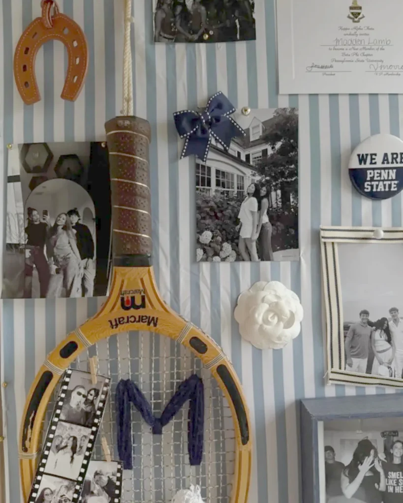 Tennis-themed dorm wall with striped wallpaper, vintage racket and Penn State button